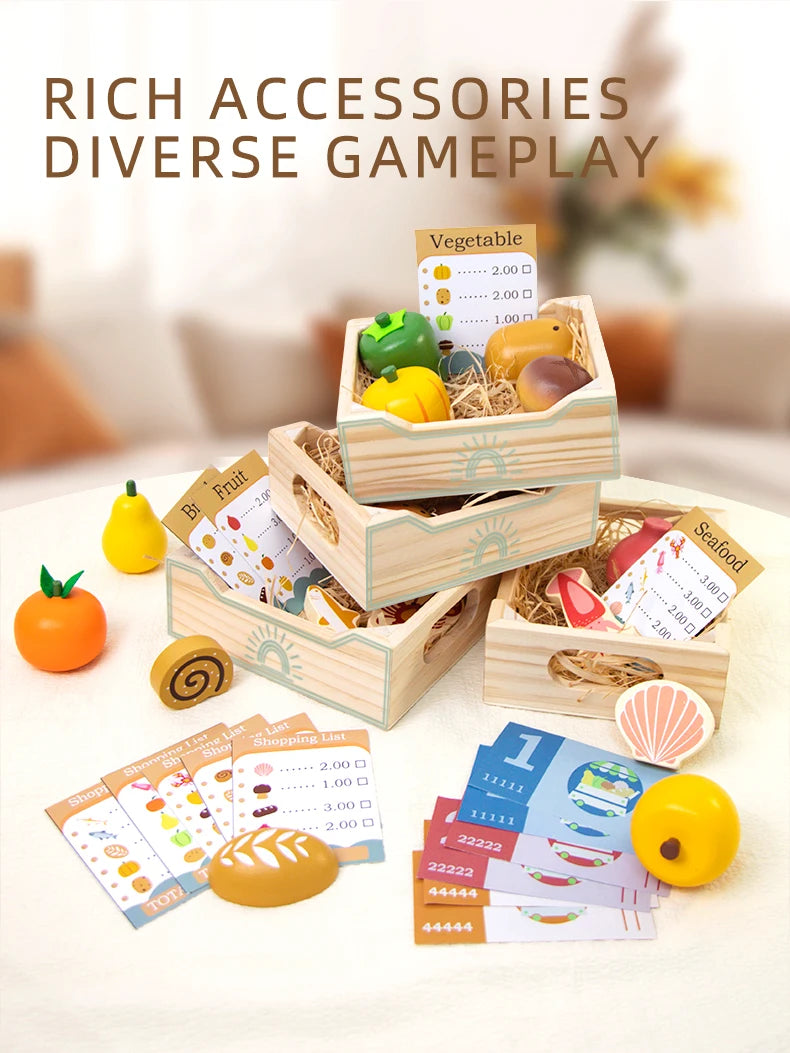 Wooden Cutting Play Food Set - Pretend Fruit & Amp