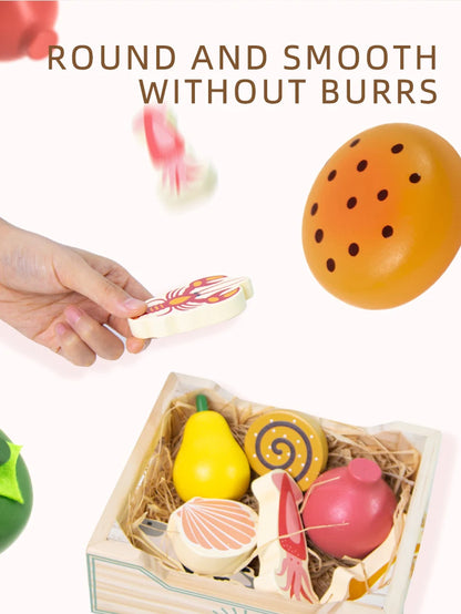 Wooden Cutting Play Food Set - Pretend Fruit & Amp