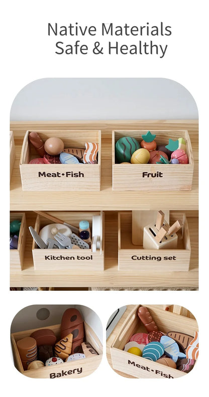 Wooden Cutting Play Food Set - Pretend Fruit & Amp