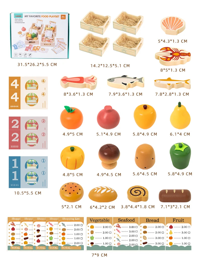 Wooden Cutting Play Food Set - Pretend Fruit & Amp