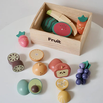 Wooden Cutting Play Food Set - Pretend Fruit & Amp