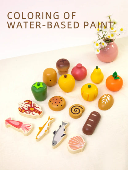 Wooden Cutting Play Food Set - Pretend Fruit & Amp