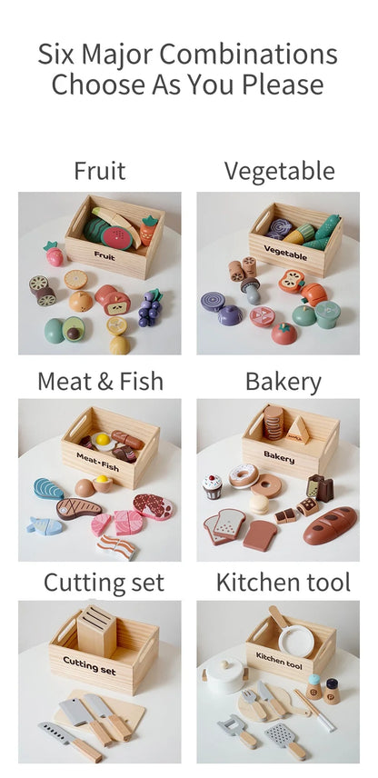 Wooden Cutting Play Food Set - Pretend Fruit & Amp