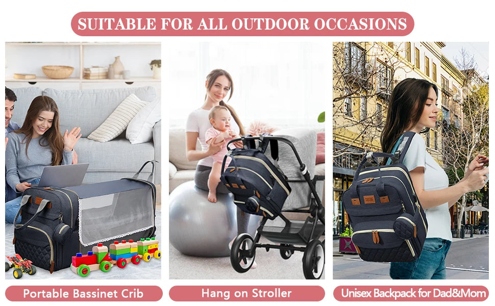 Diaper Bag Backpack with Foldable Baby Bed