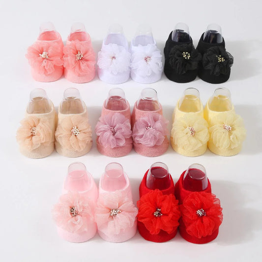 1 pair organza baby non slip floor socks handmade adhesive knitted childrens' socks solid color  breathable walking baby socks
