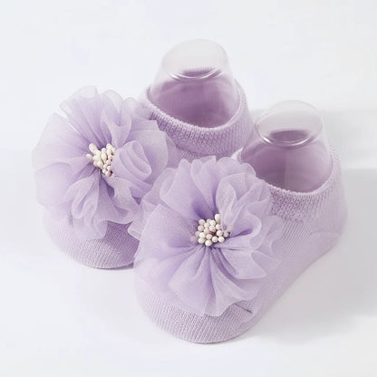 1 pair organza baby non slip floor socks handmade adhesive knitted childrens' socks solid color  breathable walking baby socks