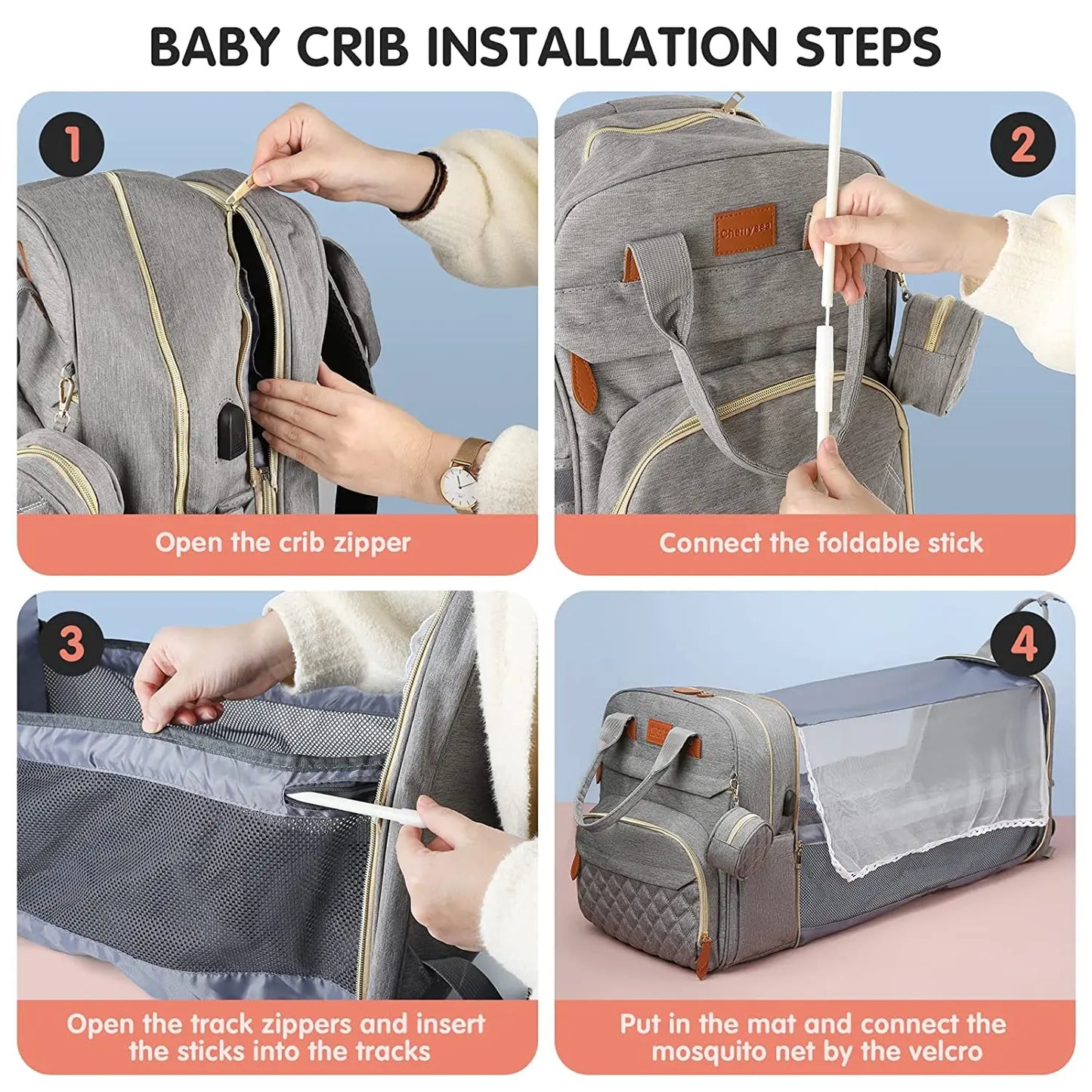 Diaper Bag Backpack with Foldable Baby Bed