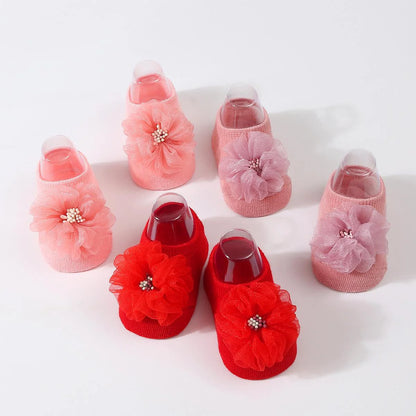 1 pair organza baby non slip floor socks handmade adhesive knitted childrens' socks solid color  breathable walking baby socks