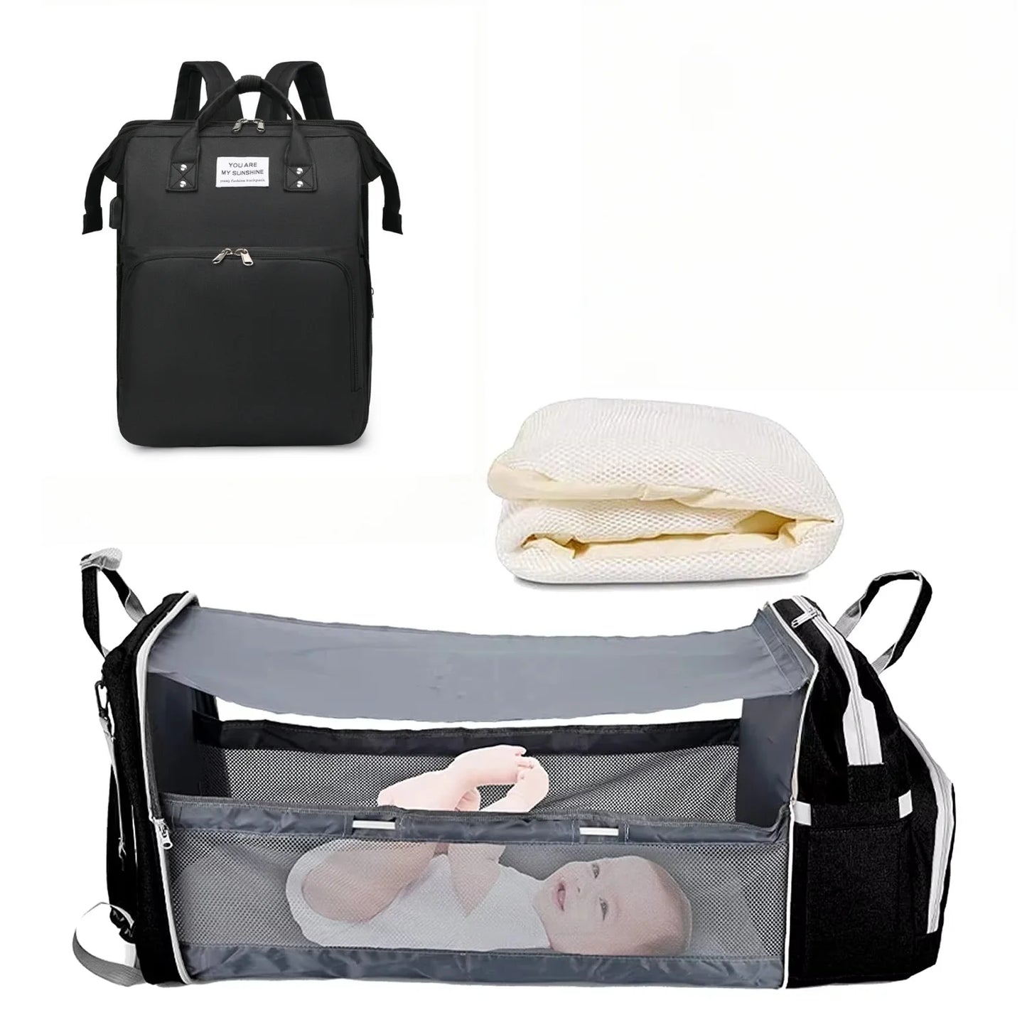 Diaper Bag Backpack with Foldable Baby Bed
