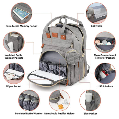 Diaper Bag Backpack with Foldable Baby Bed